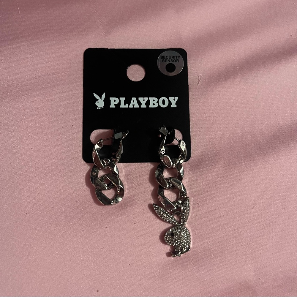 PLAYBOY Silver Chain Earrings w/ Bunny Charm